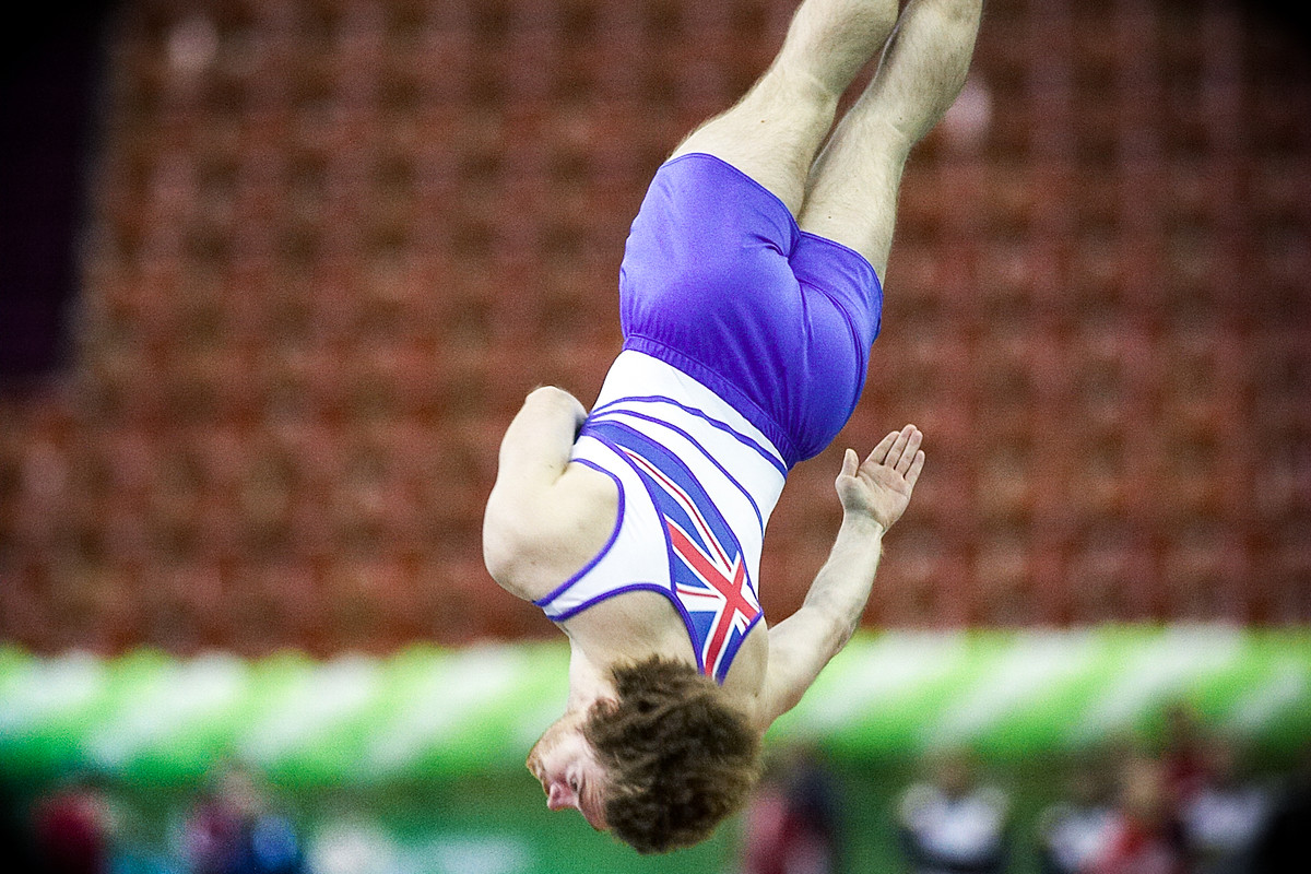 double mini trampolinist Matthew Swaffer performs an aerial trick and high-flyin